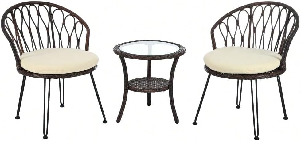 Outdoor Rattan Seating Set - 2 Single Chairs with Glass Round Table, Ideal for Patio, Balcony, Courtyard