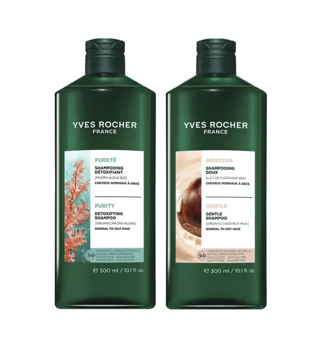 Yves Rocher Shampoo Set of 2 Soft Silky Chestnut Milk Shampoo Macroalgae Cleansing Shampoo Hair Care Duo 300 ml/10.1flOz Each