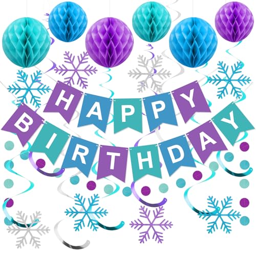 Frozen Birthday Decorations - Happy Birthday Banner with Honeycomb Balls, Snowflake Hanging Swirls Streamers, Circle Dots Garland Decorations - Birthday Decorations for Girls Women