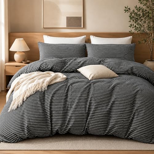 Image of Grace Stripe King Size Duvet Cover Sets - Premium Microfiber Reversible Kingsize Duvet Cover Sets (230 x 220 cm) 3 PCs - Hypoallergenic Luxury Quilt Cover Bedding Sets with Zipper Closure