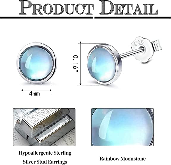 JeryWe 3 Pairs Moonstone Earrings for Women Men Girls Turquoise Round Gemstones Black Onyx Cartilage Stud Earrings Hypoallergenic 925 Sterling Silver Stud Earrings Set 4MM