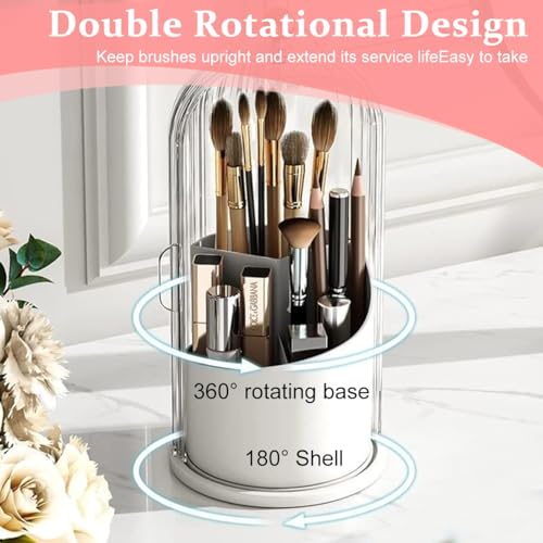 Image of MAYCREATE Makeup Brush Holder Organizer with Lid, 360 Rotatable Makeup Brushes Storage Case, Dustproof Clear 3-Grid Cosmetic Organizer Stand for Vanity Desktop Bathroom