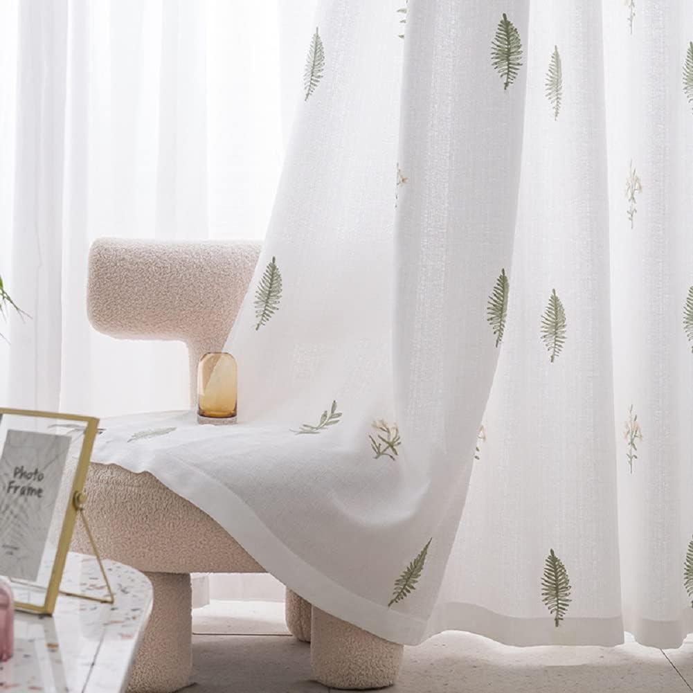 New Chinese Leaf Embroidered White Exquisited Design Sheer Curtains Rod Pocket Top Window Treatment for Living Room Bedroom(1 Panel, W 52 x L 102 inch, White)