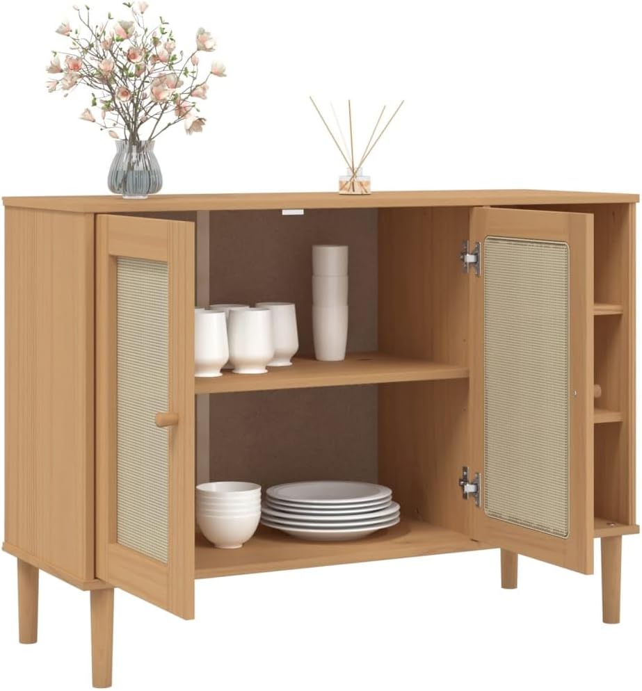 Brown Sideboard with Rattan Look, Solid Pine and Engineered Wood, 5 Compartments for Ample Storage, Modern Buffet Cabinet for Dining Room Living Room Hallway