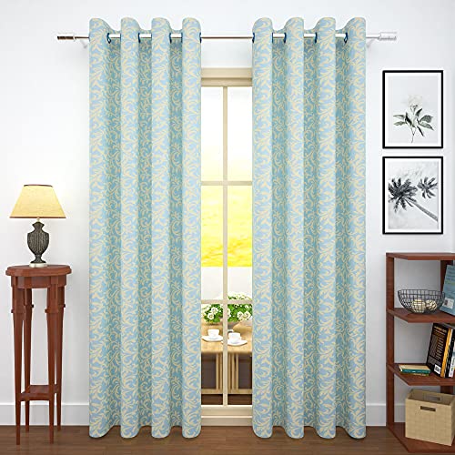 Image of Story@Home Bloom Collection Jacquard Lavish and Modern Rich Floral Print 2 Piece Eyelet Ring top Door Curtain for Bedroom and Hall - 7 Feet, Aqua Blue