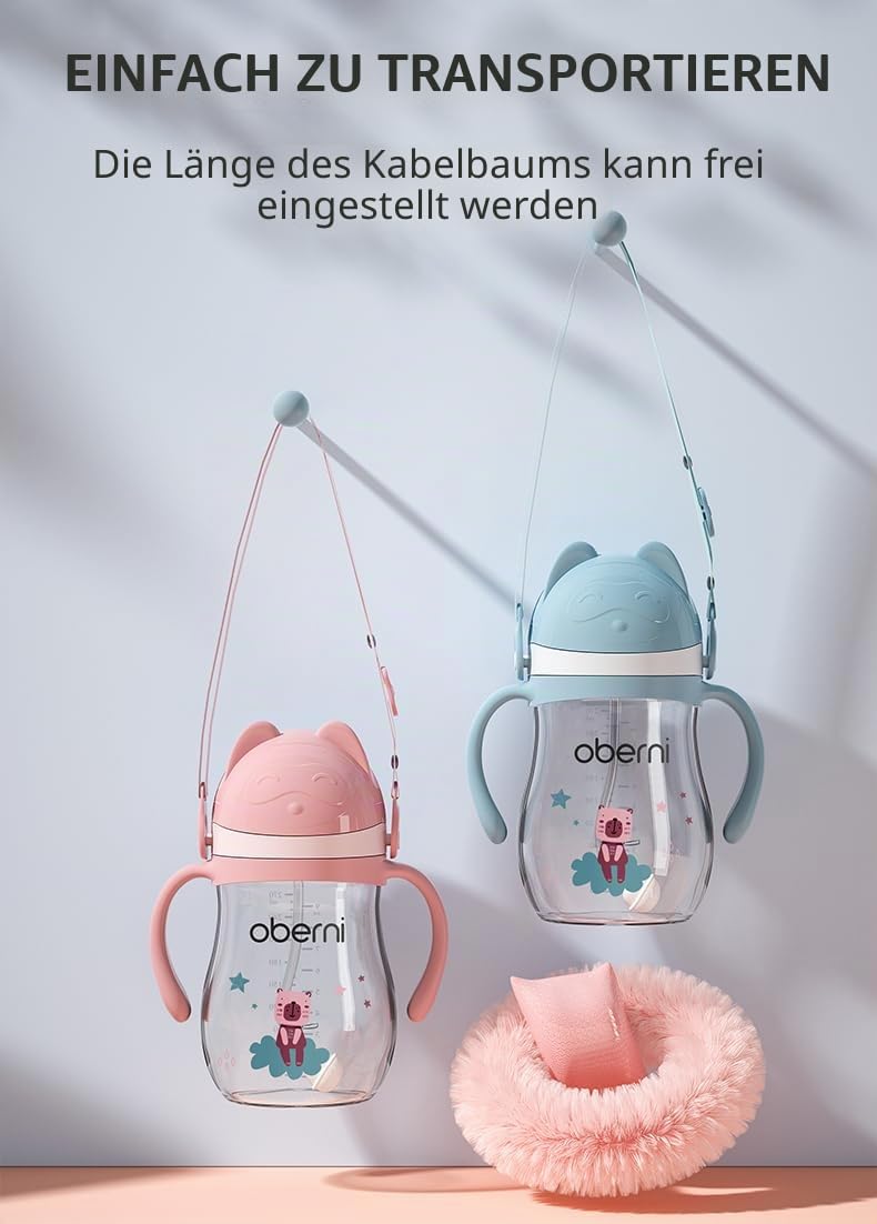 Oberni Trinklernbecher aus Tritan für Kleinkind ab 6 Monaten, BPA frei Trinkflasche mit Griffe, 270ml-Schnabeltasse-Trainerbecher-Blau,