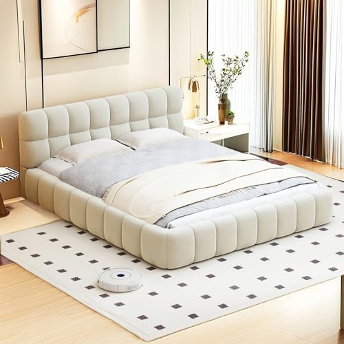 DULRLLY Polsterbett Bubble Bett 160 x 200 cm,Doppelbett mit Lattenrost, Jugendbett mit Gepolstertes Kopfteil, Gepolstertes Bett für Schlafzimmer und Gästezimmer,ohne Matratze, Leinenstoff (Weiß)
