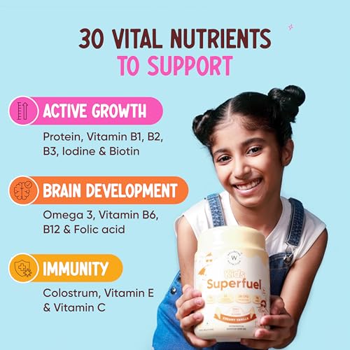 Image of Wellbeing Nutrition Kids Superfuel 7+years |Zero Added Sugar |9g Milk Protein Isolate, 23 Vitamins & Minerals, 100mg DHA, 3g Fiber, Probiotics |Height Growth, Immunity & Brain| Vanilla, Nutrition Drink Powder, 400g