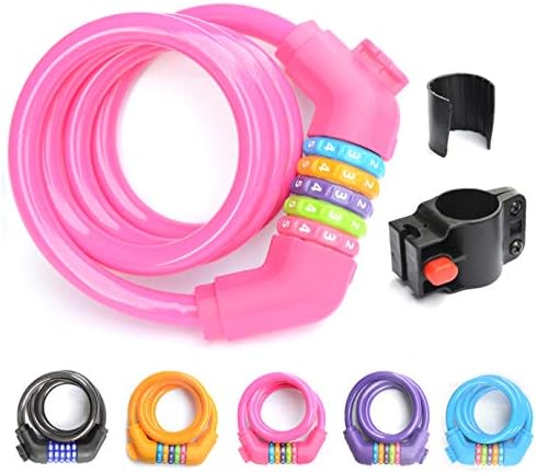 ZHEGE Bike Lock Cable with Mounting Bracket, 110cm Resettable Combo Cable Lock for Bicycle Outdoors Pink