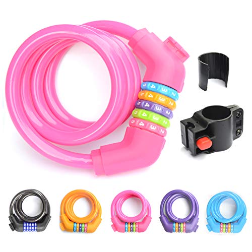 Zhege Bike Lock Cable With Mounting Bracket, 110Cm Resettable Combo Cable Lock For Bicycle Outdoors Pink #TOP9