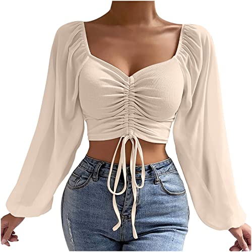 Camiseta de Manga Larga Mujer Moda Casual Color sólido Sexy Camisa Slim Fit Crop Tops Verano Sexy Cuello en V Cordón Tops Fiesta T-Shirt Original tee Camisetas Blusa Noche Playa