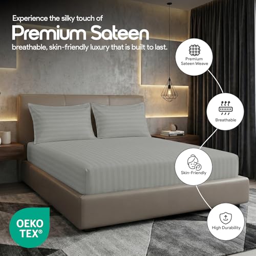 Image of LINENWALAS Cotton 300 TC Fitted Bed Sheet for King Size Bed | Signature 2 CM Sateen Stripe |All-Around Elastic for 4-8 Inch Mattresses | Luxury Hotel-Style Bedding (72 x 78, Silver Grey)