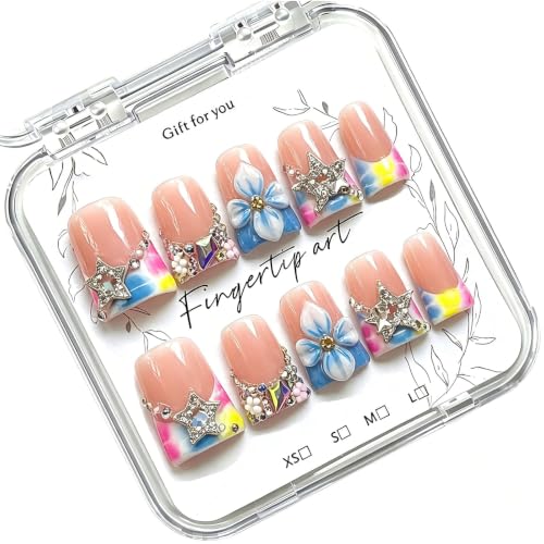 Handmade Acrylic Press on Nails Short Duck Shape, Blue Tie Dye French Tip Press Ons with 3D Flower Star Charm Rhinestones, Cute Y2K Reusable Duck Nails for Women 10Pcs (Size M)