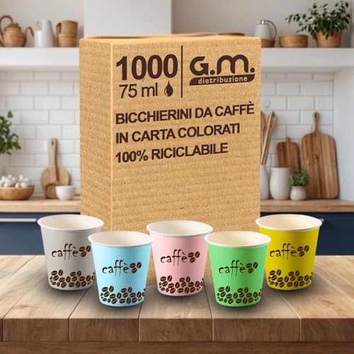 1000 Pezzi Bicchieri da Caffè in Carta Colorati con Grafiche Miste, 75 ml, Biodegradabili Biocompostabili, Usa e Getta, 4 Colorazioni, Ideali per Casa, Ufficio, Asporto Bevande Calde