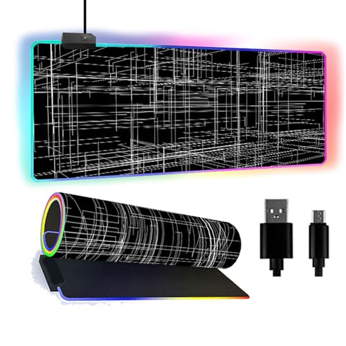 Fansu Alfombrilla para Ratón RGB, XXL Grande Gaming Mousepad con 14 Modos 7 Colores LED, Mouse Pad Teclado Almohadilla de Escritorio para Laptop y PC, Impresión Líneas (Negras,600x300x4mm)