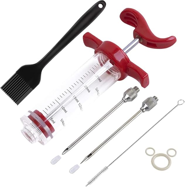 Meat Injector Syringe,Stainless Steel Food Seasoning Syringe Kit with 1pc Barbecue Brush, 2pcs Needles and 1pc Needles Cleaner, Great for BBQ, Grilling, Baking and Cooking