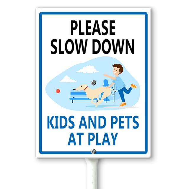 Horienteeon Please Slow Down - Kids And Dogs At Play Yard Sign with Stakes 17.5×22cm, Sturdy Aluminum Lawn Signs Rust Free, Kids Playing Sign for Street - Children at Play Safety Signs