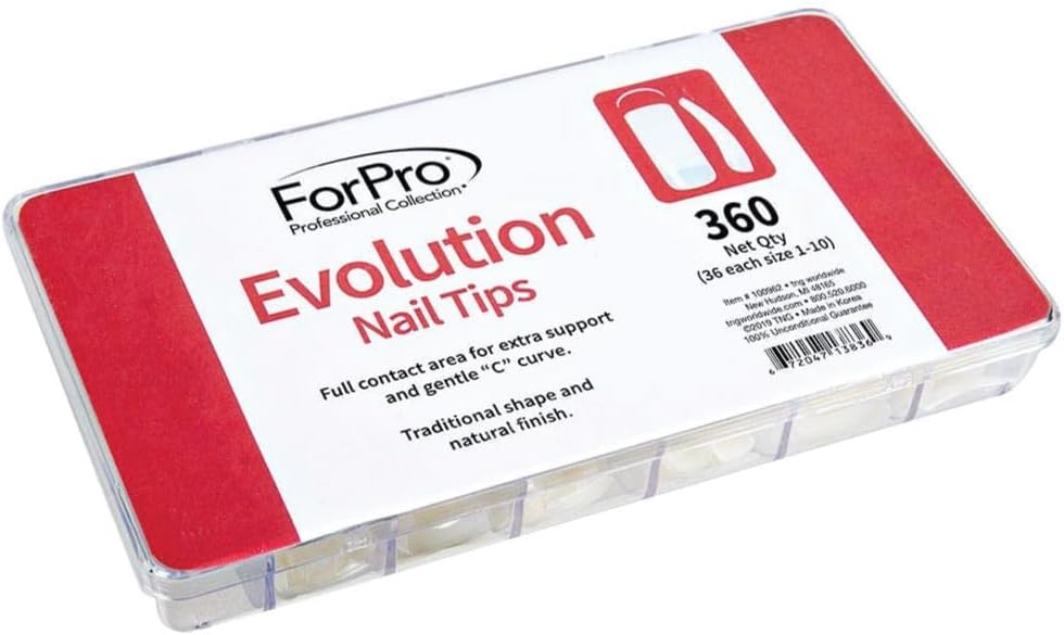 ForPro Evolution Nail Tips, Artificial Nail Strips for Acrylic Powder and Gel Nail Polish, Gentle C Curve, Nail Kit Essentials, 360-Count (36 Nail Strips for Each Size 1-10)
