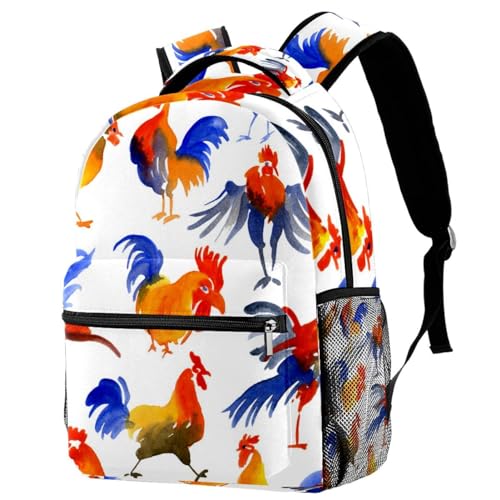 Sac à dos coq aquarelle 40cm multicolore pour école et voyage décontracté