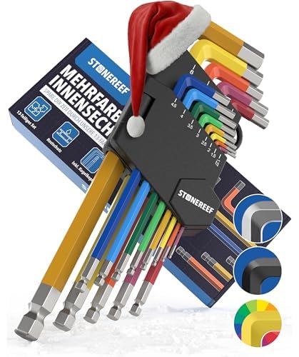 STONE REEF Innensechskantschlüssel Set 13tlg. [inkl. Kugelkopf] - 1,27-10mm Sechskant Multicolour Satz, Sechskantschlüssel Set für Handwerker, Winkelschlüsselsatz