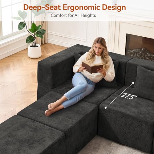 Image of MONVANE 130'' Modular Sectional Cloud Couch for Living Room, 6 Seater Convertible Chenille Couches Set with Ottoman & Pillow, No Assembly Compression Sofas, Comfy Floor Sofa with Memory Foam, Black