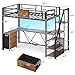 Itaar Stairway Twin Size Loft Bed with L Shaped Desk and Wardrobe, Metal Loft Bed Frame with Storage Stairs, 3 Fabric Drawers, LED Lights & Charging Sation, Rustic Brown
