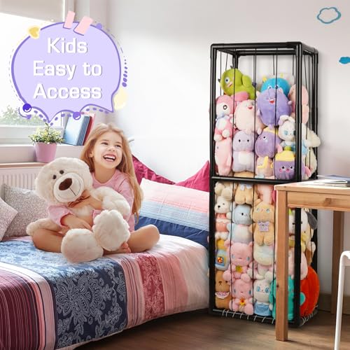 Image of Stuffed Animal Storage Zoo Holder Space Save, PVC Stuffed Animal Organizer | Vertical Plush Toy Organizer with Elastic Band and Net, Large Capacity Stuffy Storage for Playroom Bedroom Nursery