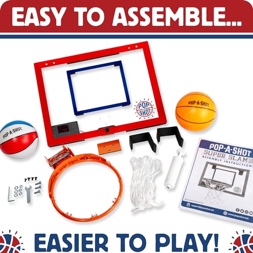 Pop-A-Shot Super Slam Indoor Mini Basketball Hoop for Door | 2 Included Basketballs and Pump | Breakaway Rim Built for Dunks | LED Scoreboard, Audio Commentary, and Dunk Sensor | 17x12.5 Inches