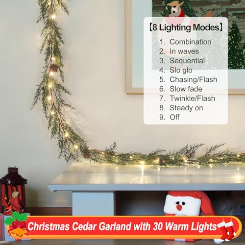 Artgar-Pine-Garland-Realistic-6-FT-Cedar-Garland-Christmas-Garland-with-30-Warm-Lights-with-8-Light-Modes-Garland-Christmas-Decorations-for-Mantels-Stair-Table-Decor-White-Green Artgar Pine Garland Realistic 6 FT Cedar Garland Christmas Garland with 30 Warm Lights with 8 Light Modes Garland Christmas Decorations for Mantels Stair Table Decor White Green