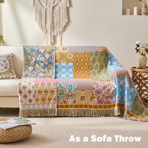 Image of VANJOROY King Boho Throw Blanket, 100% Organic Cotton Breathable Skin-Friendly Ultra Soft 91 inch x 98 inch Bed Quilt Patchwork Throw - Floral Rustic Luxury Reversible Blanket for Sofa Couch Chair and Gift