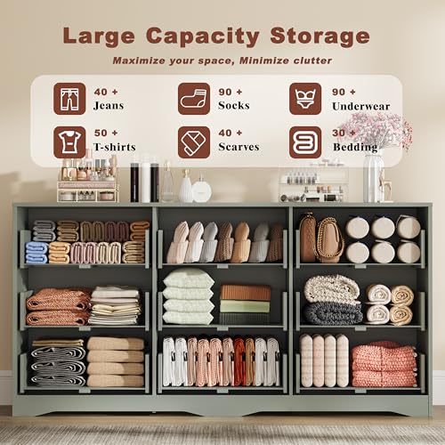 Image of Fluted 9 Drawer Dresser for Bedroom, 63 inch Wide Modern Wooden Chest of Drawers with Metal Handles, TV Stand & Closet Storage Organizer for Living Room,Hallway, Green