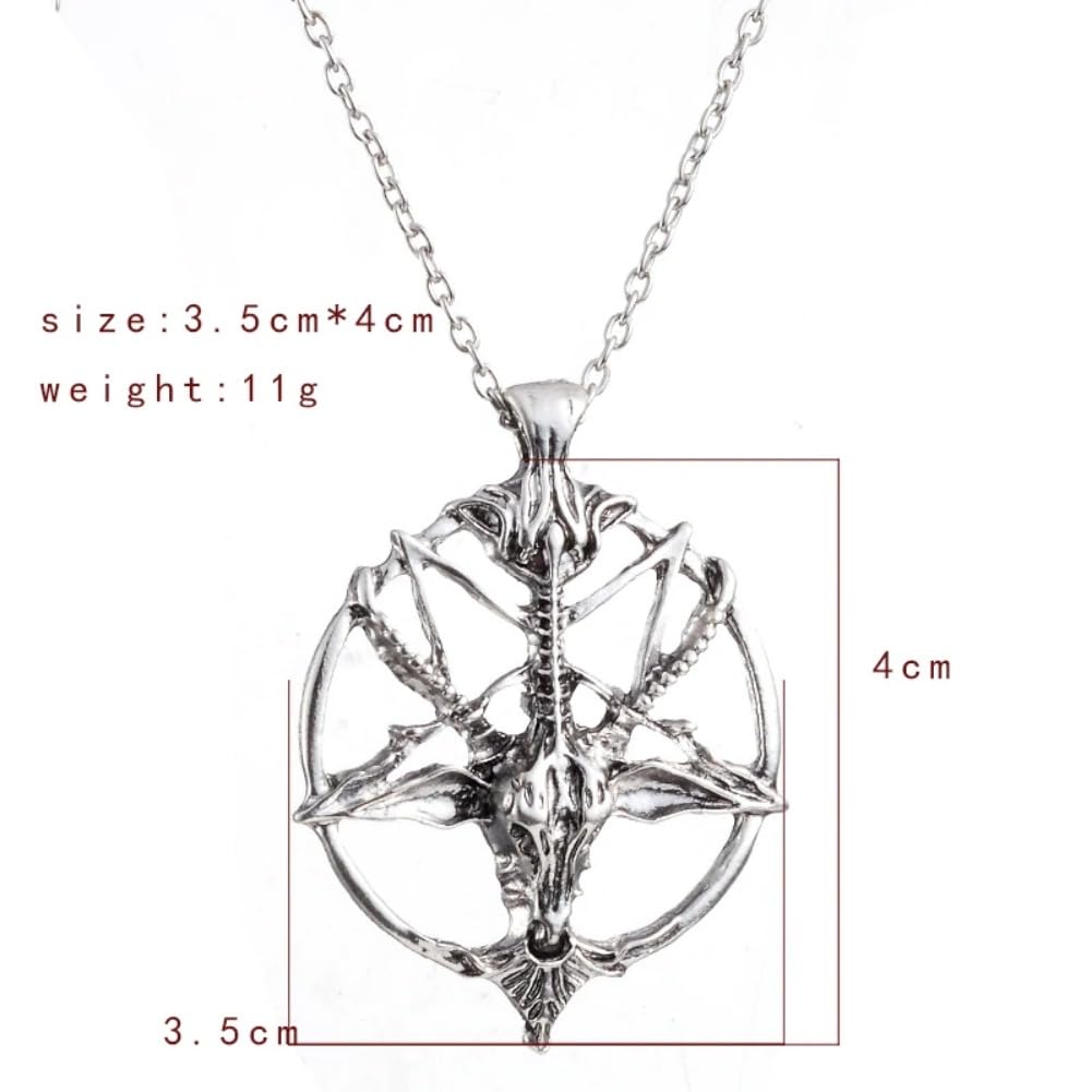 NLIEOPDA Gothic Pentagram Necklace - Vintage Goat Head & Skull Pendant - Unisex Chain Jewelry for Men & Women (50cm,Antique Silver)