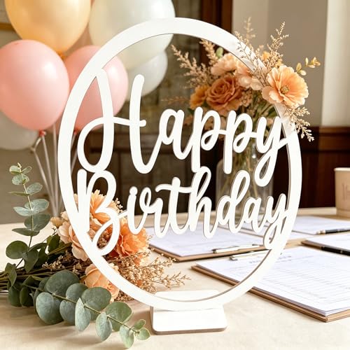 Wooden Happy Birthday Table Centerpiece Sign 11.8 x 11.8 inches Freestanding Table Centerpiece Decoration anniversary Party Sign Birthday Party Decorations for Kids Baby Adults