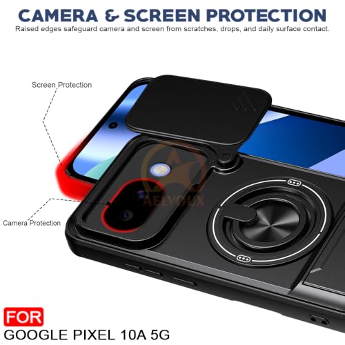 Image of Google Pixel 10A 5G Back Cover | Armor Camera Slider 360 Degree Rotating Finger Ring Holder Case with Bracket Stand Back Case Cover (Compatible with MagSafe Accessories) (Black)