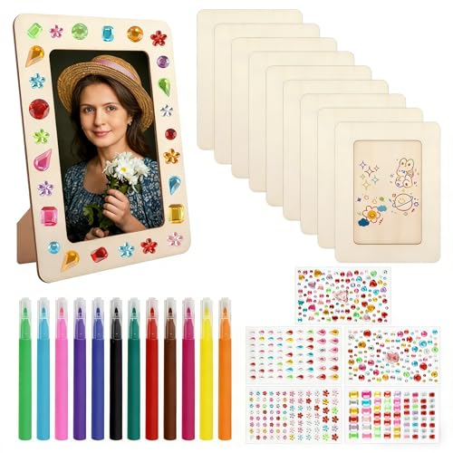 NVGVUP 8 PCS DIY Wooden Picture Frames, Art Frame Set, Personalised Wooden Photo Frame Craft Set, Paint Your Own Sets, with Self Adhesive Glitter Stickers & Color Pens