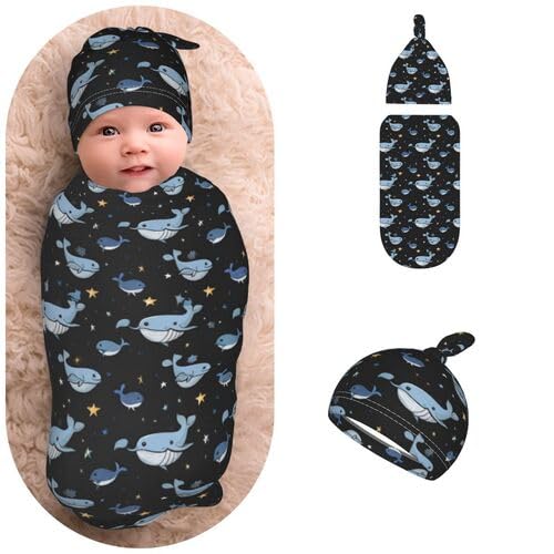 Image of Newborn Swaddle Blanket Shark Baby Sleep Sack with Beanie Set Soft Stretch Adjustable Wraps Receiving Blankets for Infant Boy Girl