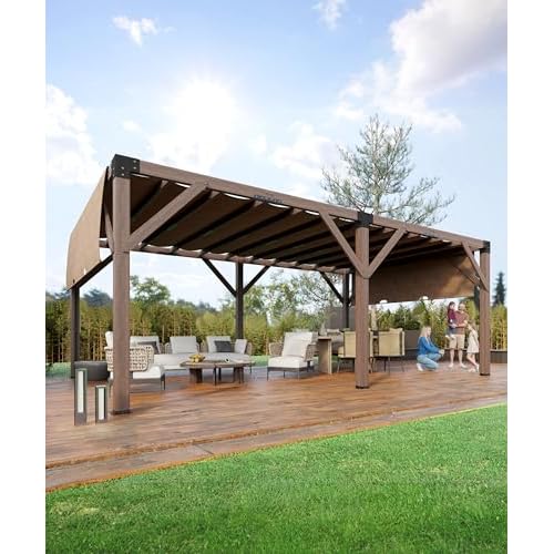 KYBOLT 12 X 20 Ft Wood Pergola with Retractable Sunshade Canopy, Solid Structure, Outdoor Pergola for Backyard, Deck, Garden (Reddish-Brown), 12X20 Ft