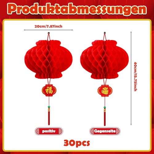 30 Stück Rote Laterne Set 20cm, Lampions für Chinesische Deko, wasserdichte Wabenlaternen, Neujahr Frühlingsfest Party Hochzeit Restaurant, Glücksbringer Anhänger