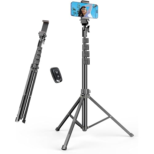 EMART 62’’ Cell Phone Tripod Stand, Adjustable Floor Cellphone Tri Pod Holder with Remote for iPhone and Android, Portable Compact Smartphone Selfie Stick for Video Recording Camera Ring Light Filming