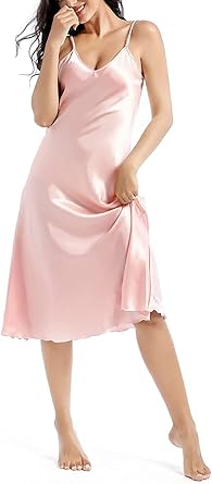 Womens Satin Nightgown Long Slip Sleep Dress Silk V Neck Nightgowns