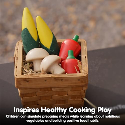 Image of PlanToys Wooden Fresh Produce Corn, Mushrooms & Bell Peppers Kids Play Set | slicing, knife, fruits and vegetables toys, pretend food, girls, boys, fine motor role imaginative social gift preschool