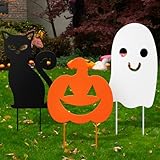 Lingvee 3 Pack Halloween Decorations Outdoor Metal Halloween Garden Stakes Metal Ghost Pumpkins Black Cat Yard Signs Decor for Outside Garden Lawn Porch Patio Party Decorations(Mixed Style)