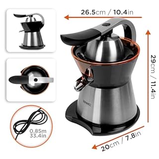 Duronic JE304 Spremiagrumi elettrico 300W, Estrattore in acciaio inox 400ml, Spremiagrumi con leva e filtro regolabile, Spremitore per agrumi con 2 coni, per succo di arancia limone lime pompelmo