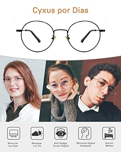 Cyxus Óculos para Luz Azul com Armação de Metal Redonda Unissex, Proteção UV e Anti-Reflexo