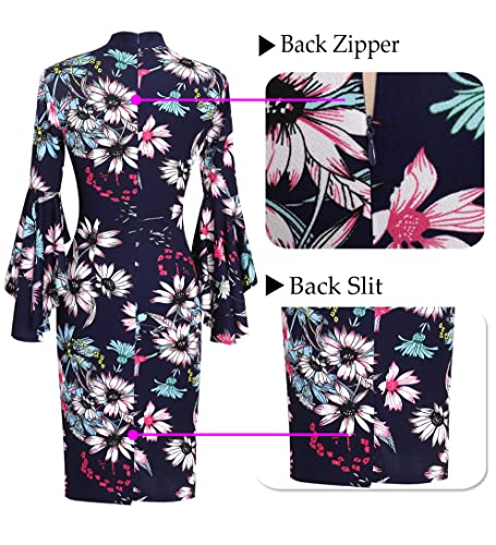 Vfshow Womens Navy Blue Multi Floral Print Bell Sleeve Cocktail Bow Tie Neck Party Semi-Formal Bodycon Pencil Sheath Dress 8592 Blu 3Xl #TOP4