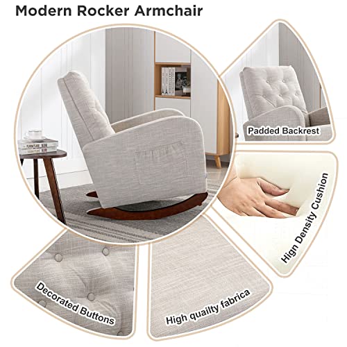Rocking Chair Modern,Upholstered Glider Rocker Chair For Nursery,Comfy Armchair With Side Pocket For Living Room (Light Grey) #TOP3