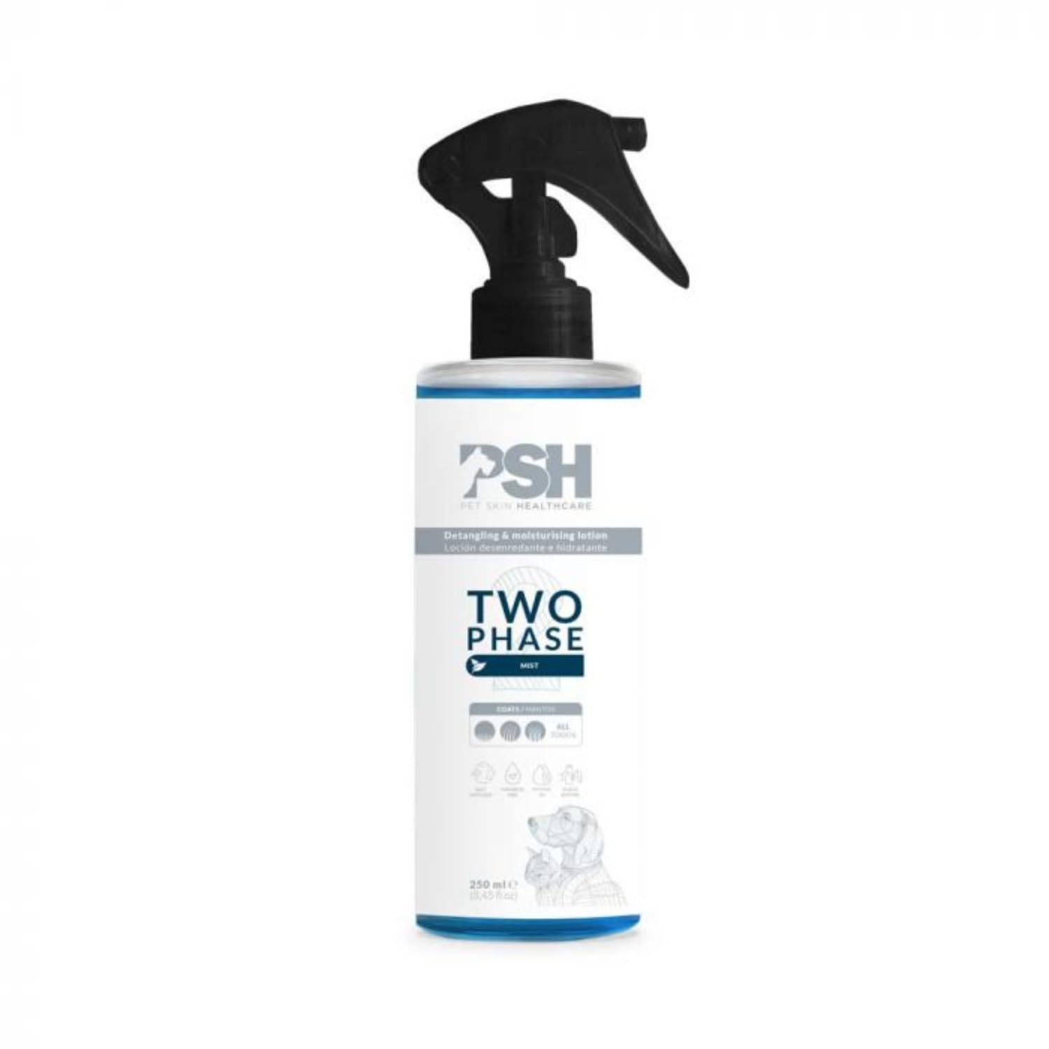 PSH Zweiphasen-Mist - Zweiphasiger Conditioner für Hunde, mit Diffusor-Spray, Entwirrende und feuchtigkeitsspendende Lotion für Hunde, hypoallergenes Parfüm, geeignet für alle Arten von Manteln, 250