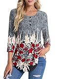 BAISHENGGT Womens Tops 3/4 Sleeve Round Neck Casual Tunic Tops Fall Fashion 2025 Dressy Casual Blouses Grey Floral M