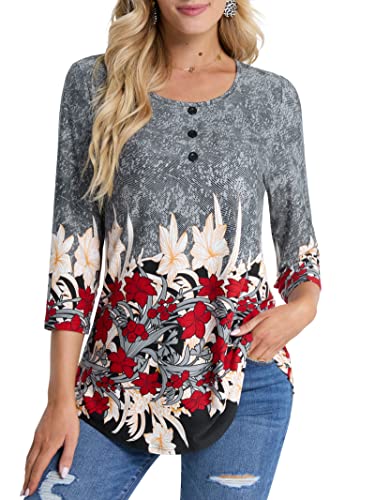 BAISHENGGT Womens Tops 3/4 Sleeve Round Neck Casual Tunic Tops Fall Fashion 2025 Dressy Casual Blouses Grey Floral M
