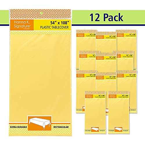 Image of Party Dimensions Yellow Plastic Tablecloths, 12 Pack, 54 x 108 Rectangle | Disposable Waterproof Plastic Table Cover for Birthdays, Weddings, Graduations, Picnics & BBQs, Indoor Outdoor, 6-8 ft Tables